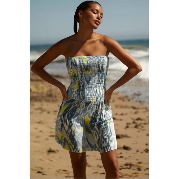 NWT Anthropologie Blue Motif Watercolor Print Reversible Smocked Mini Dress - Picture 2 of 7